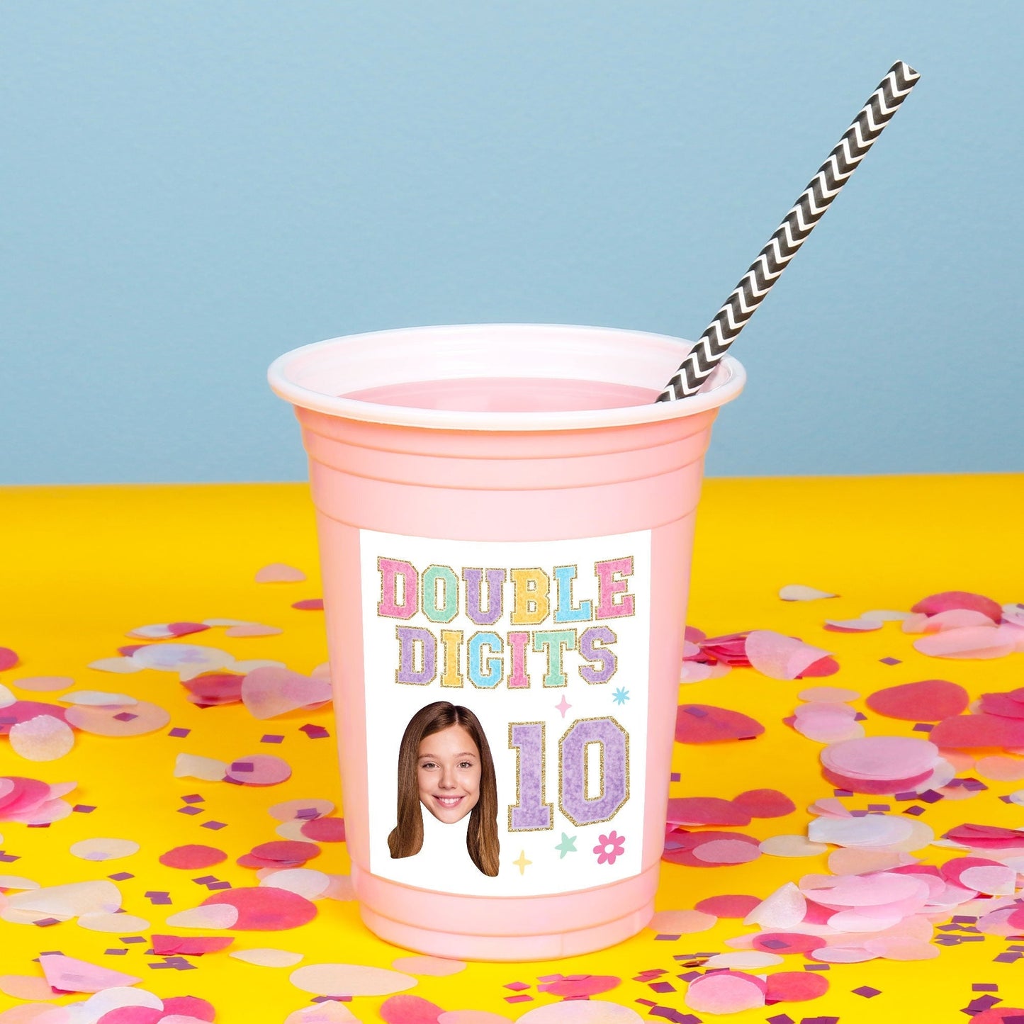 Custom Face Party Cups - Preppy 10th Birthday Girl - 16 Ct