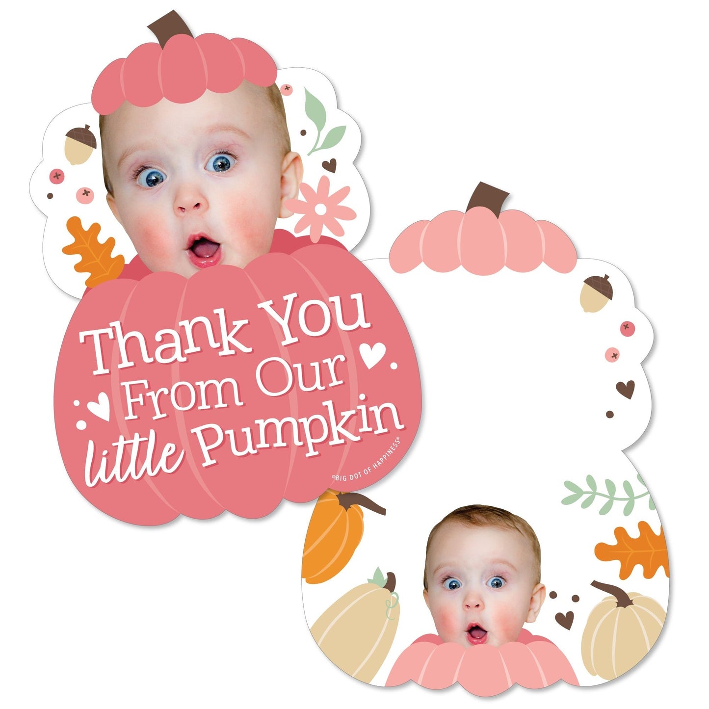 Custom Photo Girl Little Pumpkin - Fall Birthday Party Fun Face Shaped Thank You Cards with Envelopes - Set of 12