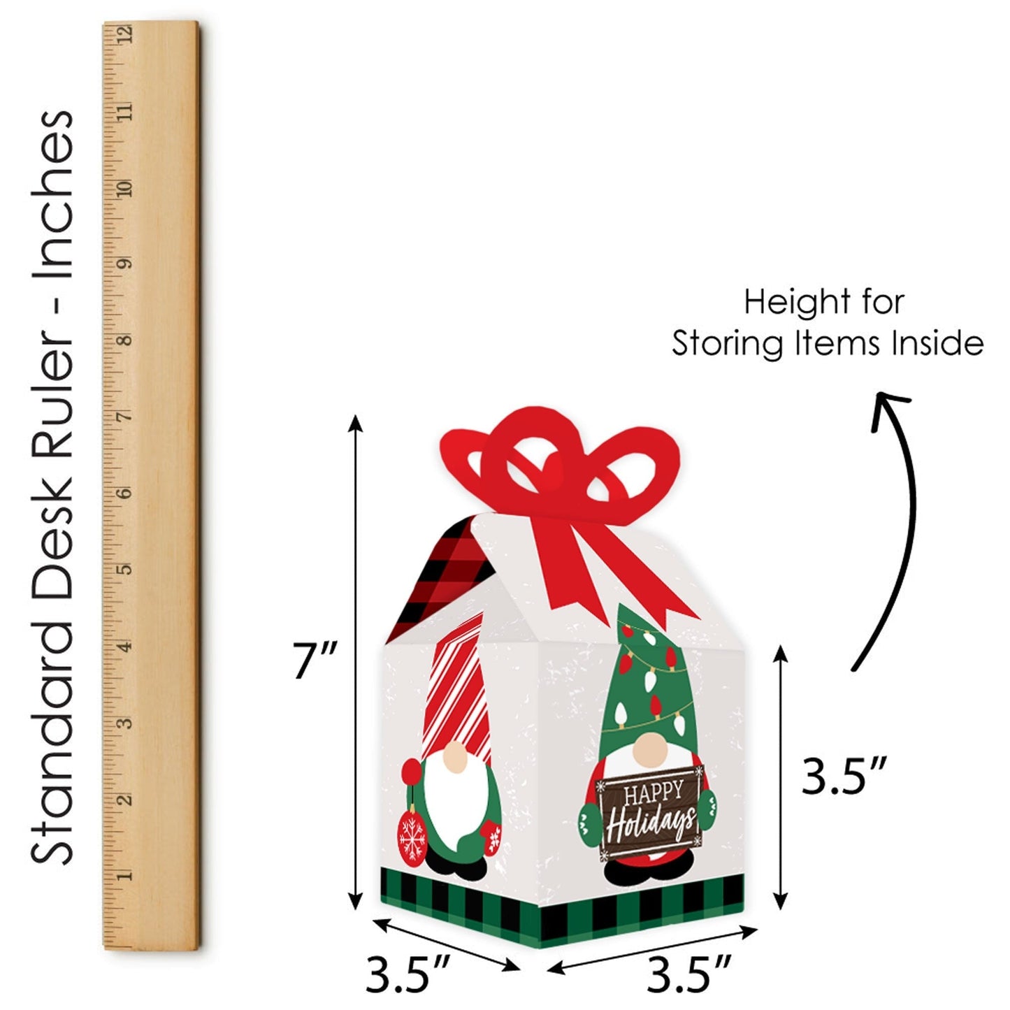 Red and Green Holiday Gnomes - Square Favor Gift Boxes - Christmas Party Bow Boxes - Set of 12