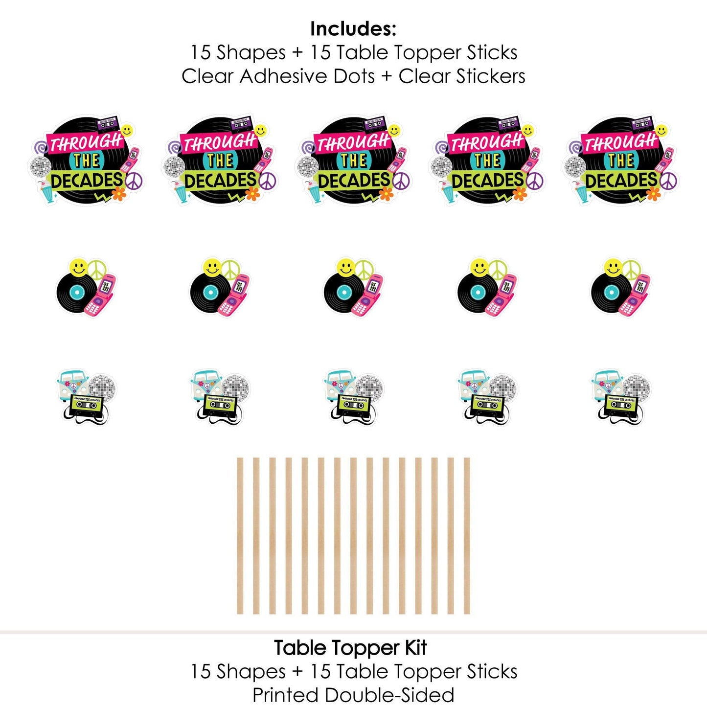 Through the Decades - 50s, 60s, 70s, 80s, and 90s Party Centerpiece Sticks - Table Toppers - Set of 15