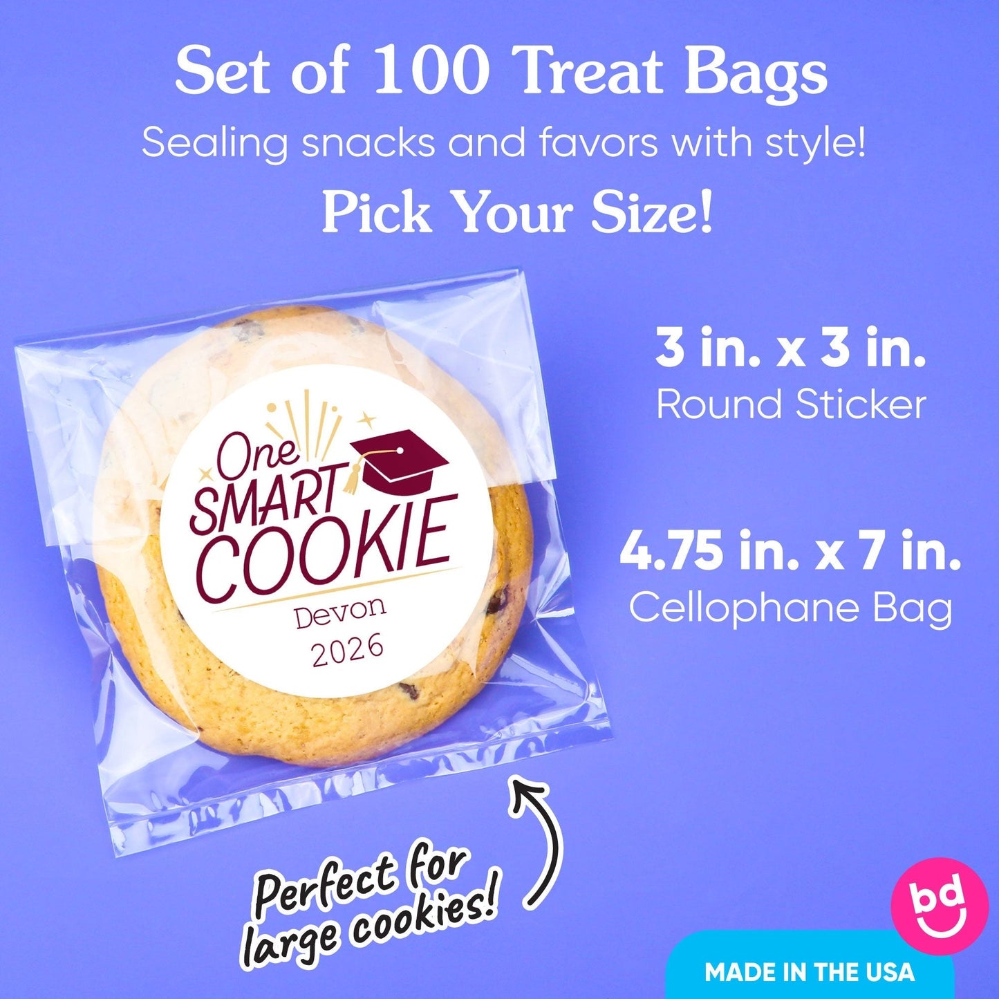 Custom Text Stickers & Clear Cookie Bags - Maroon Grad - 100 Ct