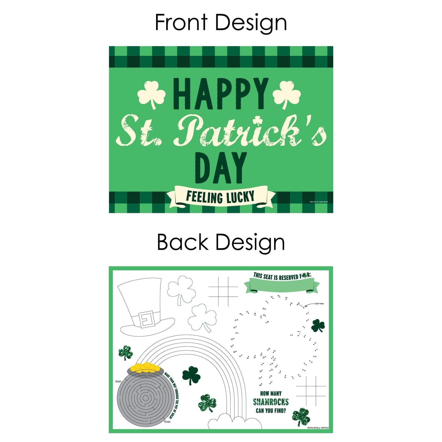 St. Patrick's Day - Paper Saint Patty's Day Party Coloring Sheets - Activity Placemats - Set of 16