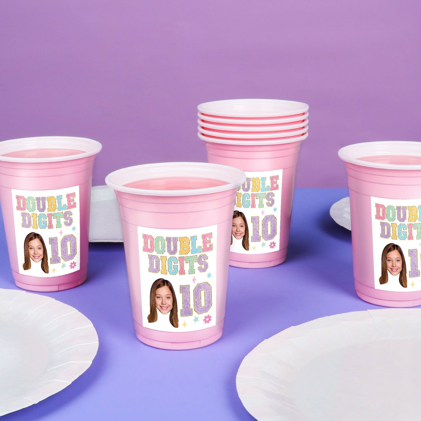 Custom Face Party Cups - Preppy 10th Birthday Girl - 16 Ct