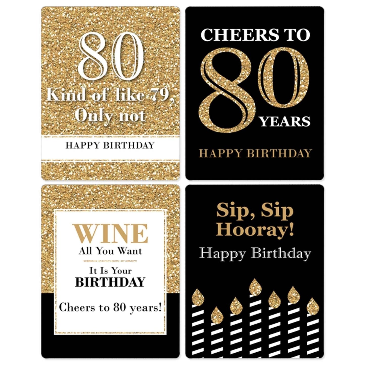 Adult 80th Birthday - Gold - Decorations for Women and Men - Wine Bottle Label Birthday Party Gift - Set of 4