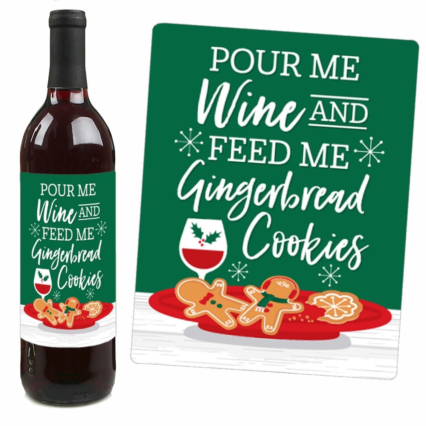 Gingerbread Christmas - Gingerbread Man Holiday Party Decorations for Women and Men - Wine Bottle Label Stickers - Set of 4