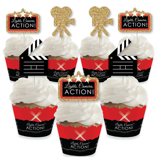 Red Carpet - Cupcake Decoration - Movie Night Party Cupcake Wrappers and Treat Picks Kit - Set of 24