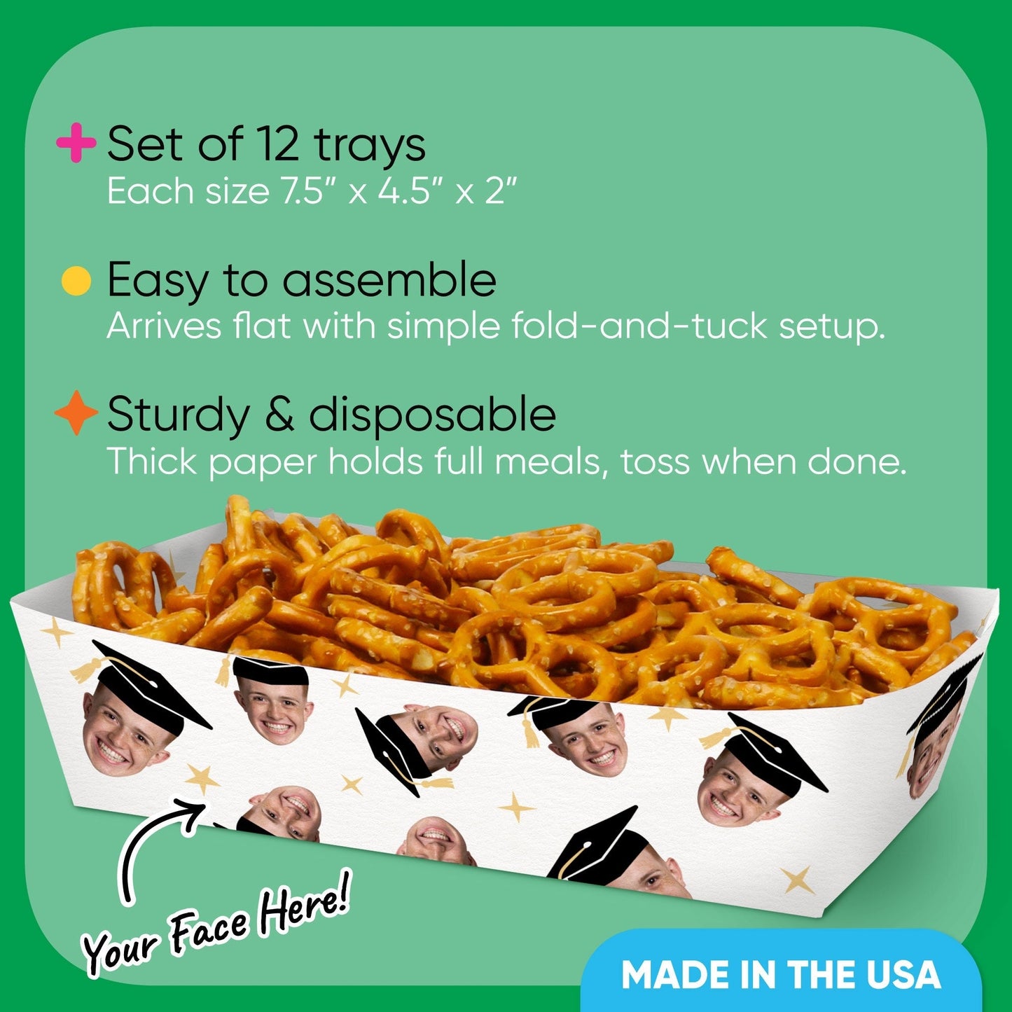 Custom Face Black and Gold Graduation Paper Food Trays - 12 Ct