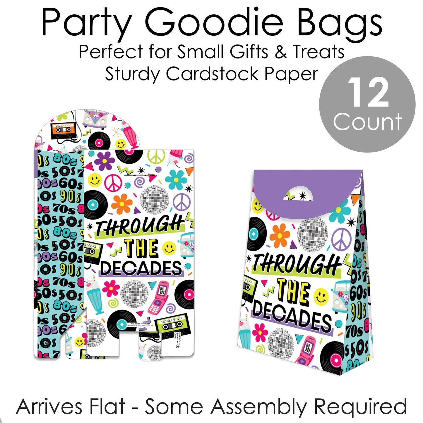 Through the Decades - 50s, 60s, 70s, 80s, and 90s Gift Favor Bags - Party Goodie Boxes - Set of 12