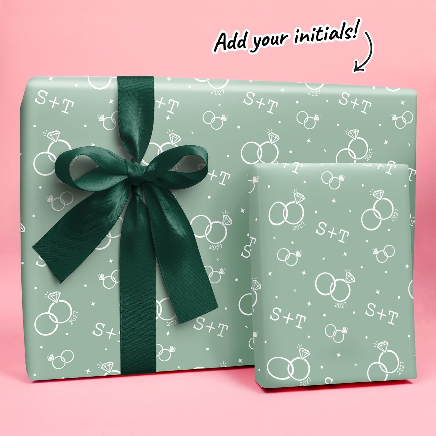 Custom Text Wrapping Paper - Sage Green Wedding Rings