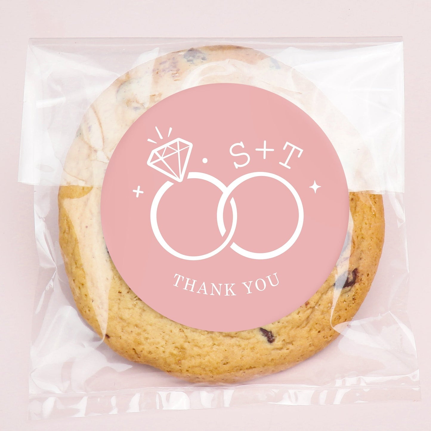 Custom Text Stickers & Clear Cookie Bags - Pink Wedding Rings