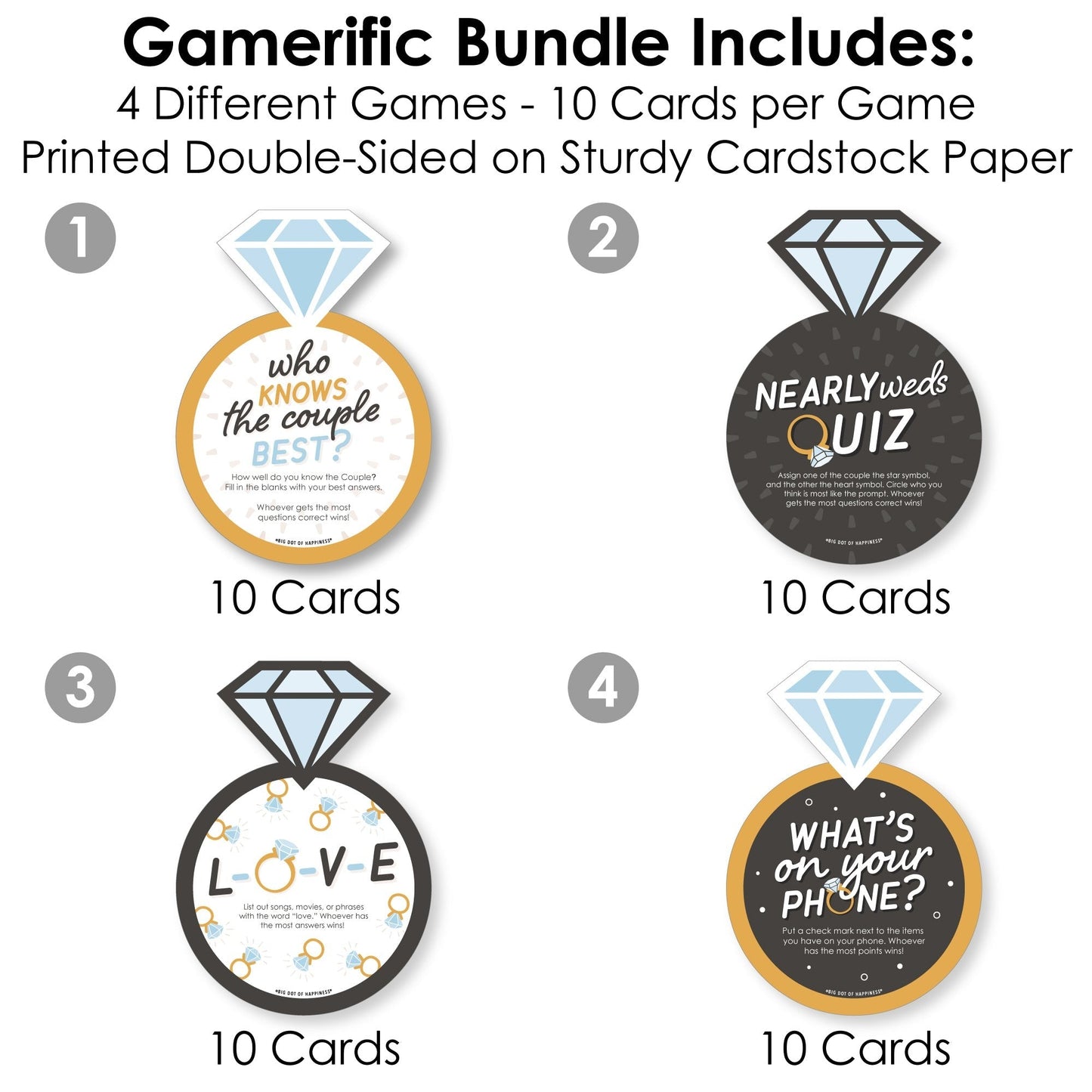 Just Engaged - Black and White - 4 Engagement Party Games - 10 Cards Each - Gamerific Bundle
