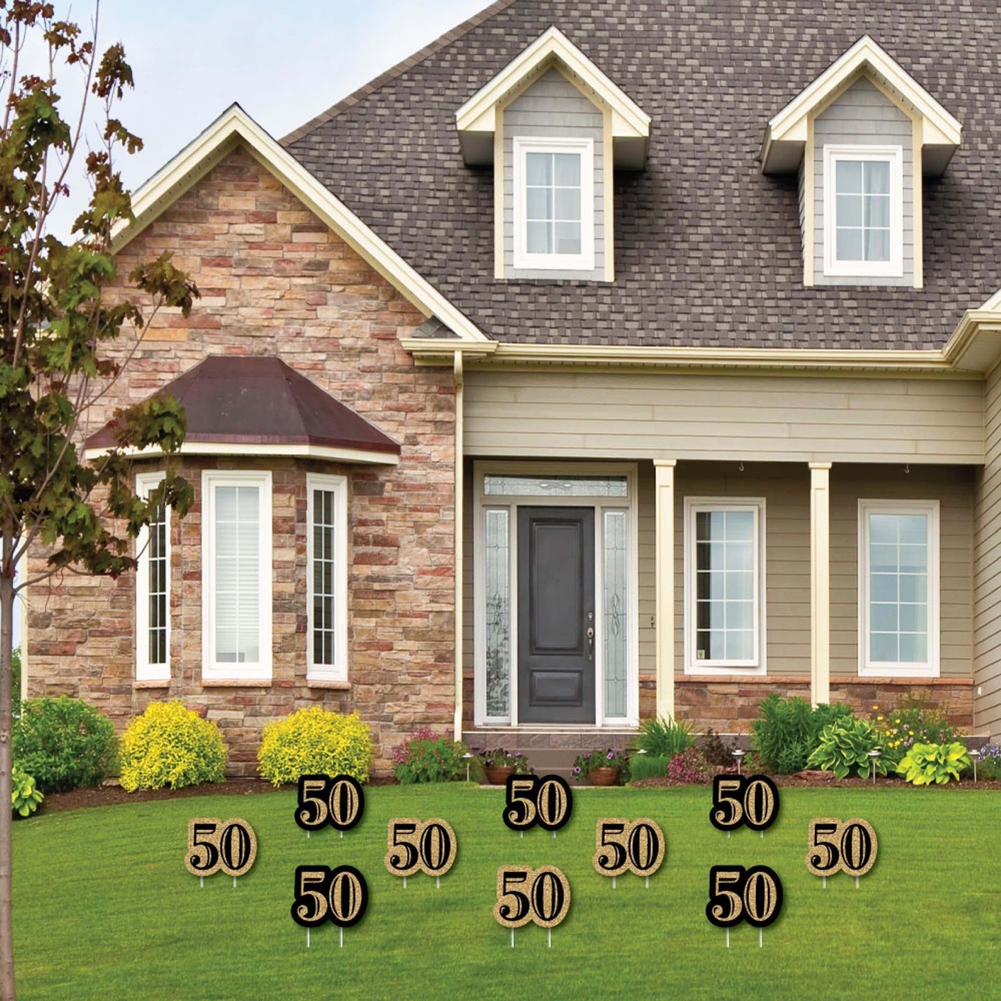 Adult 50th Birthday - Gold Lawn Decorations - Outdoor Birthday Party Yard Decorations - 10 Piece