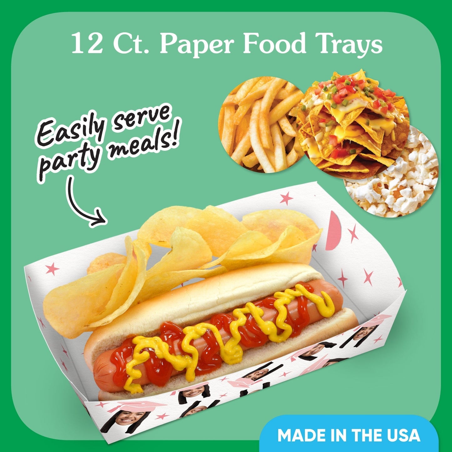 Custom Face Pink Graduation Paper Food Trays - 12 Ct