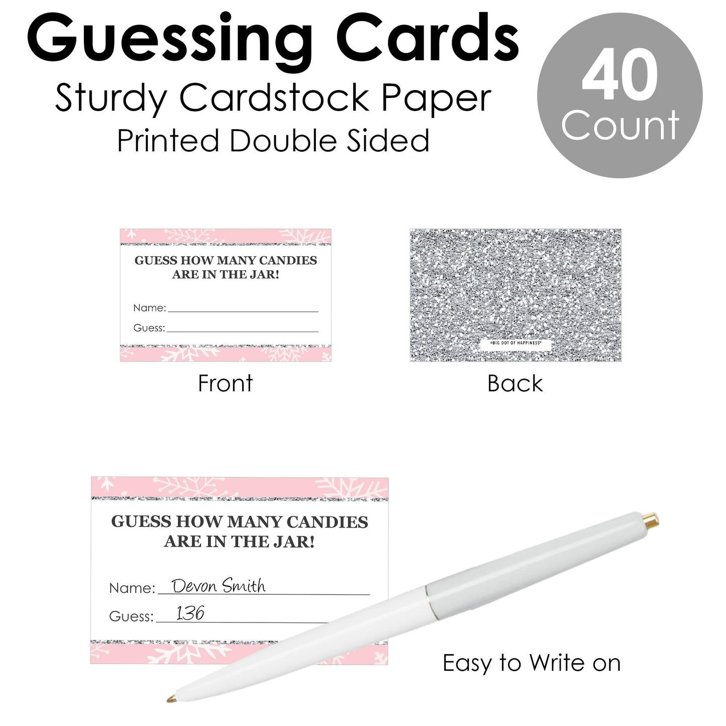 Pink Winter Wonderland - How Many Candies Holiday Snowflake Birthday Party and Baby Shower Game - 1 Stand and 40 Cards - Candy Guessing Game