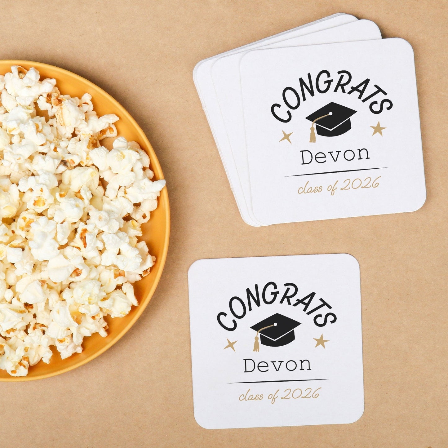 Custom Text Coasters - Black and Gold Graduation - 100 Ct