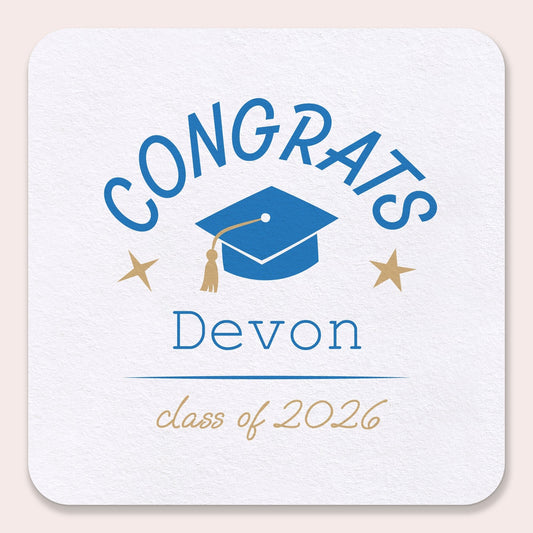 Custom Text Coasters - Blue Graduation - 100 Ct