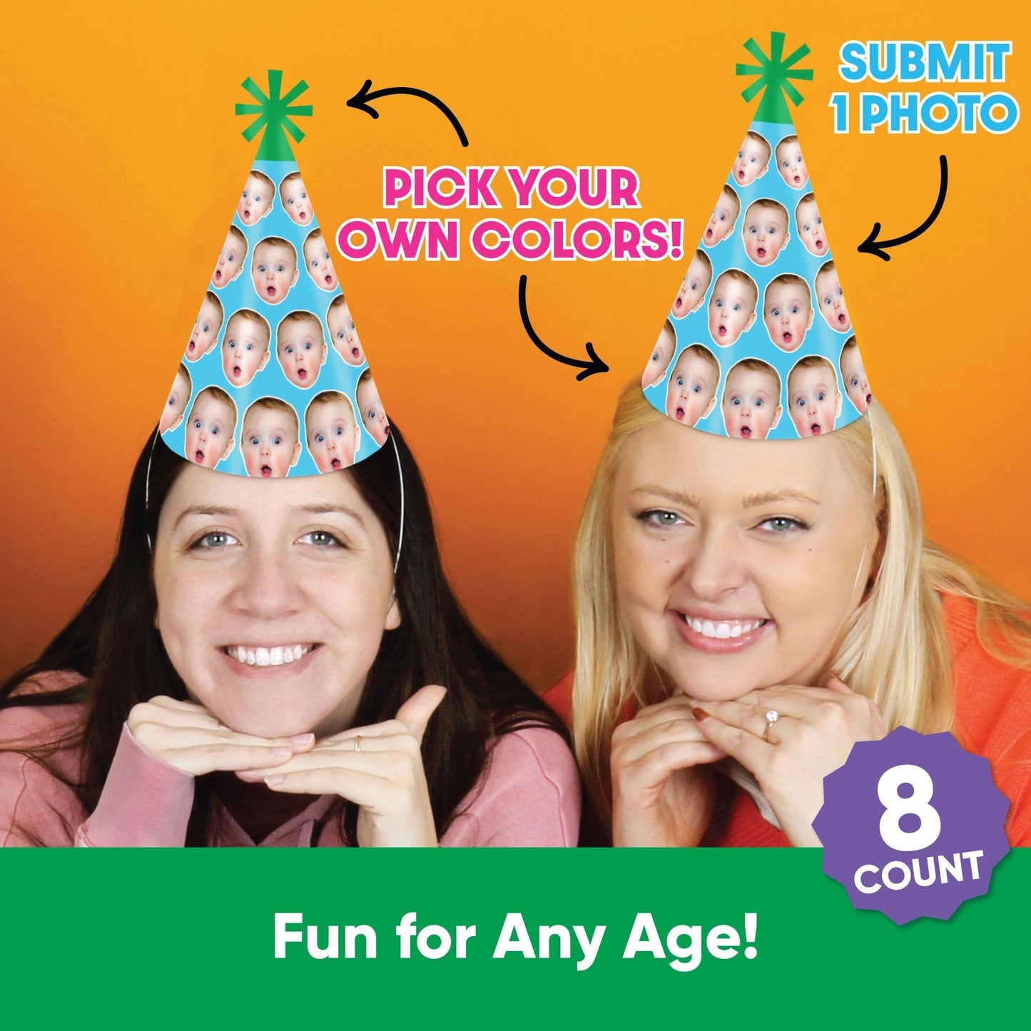 Custom Face Pick Your Own Color Cone Hats - 8 Ct