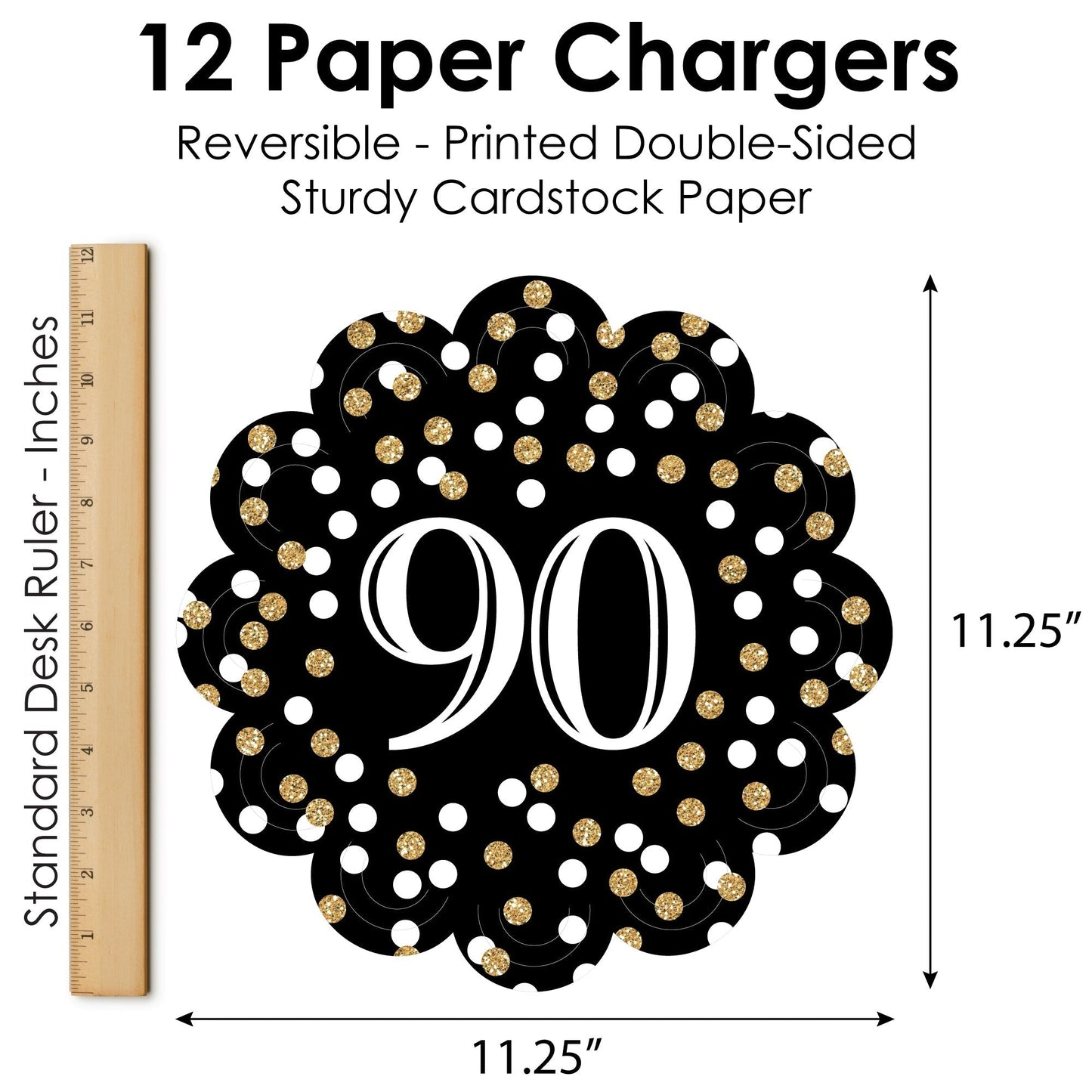 Adult 90th Birthday - Gold - Birthday Party Round Table Decorations - Paper Chargers - Place Setting For 12