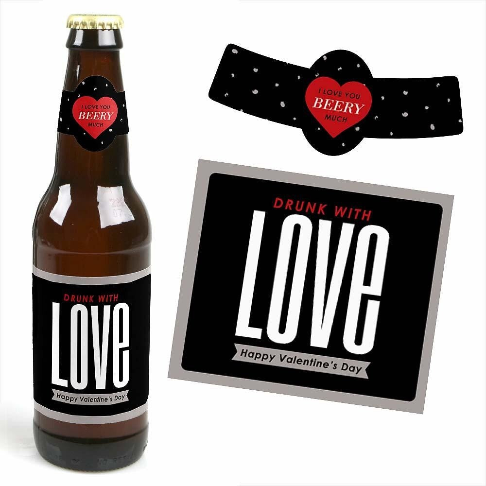 Valentine's Day - Valentine's Day - Decorations for Women and Men - 6 Beer Bottle Labels and 1 Carrier