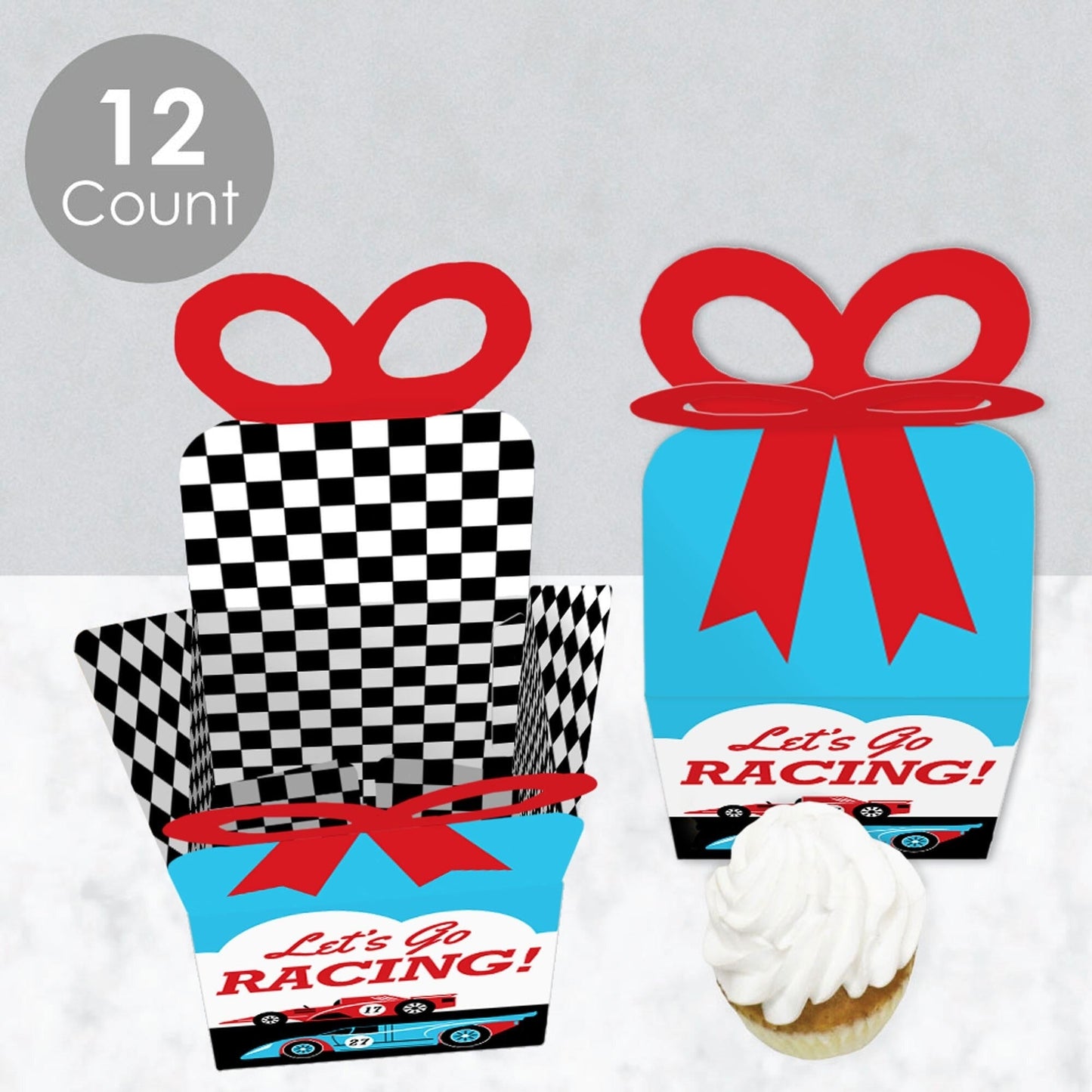 Let's Go Racing - Racecar - Square Favor Gift Boxes - Race Car Birthday Party or Baby Shower Bow Boxes - Set of 12