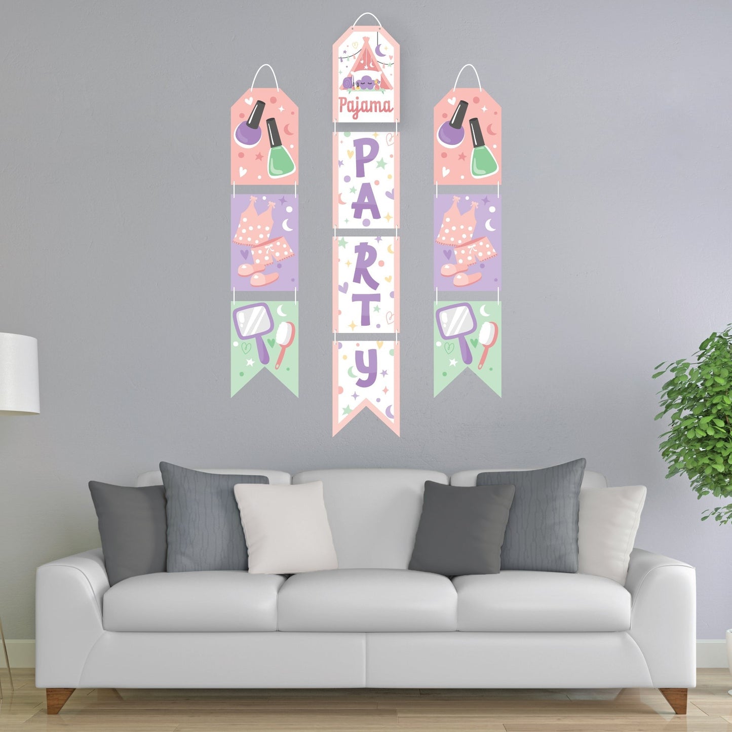 Pajama Slumber Party - Hanging Vertical Paper Door Banners - Girls Sleepover Birthday Party Wall Decoration Kit - Indoor Door Decor