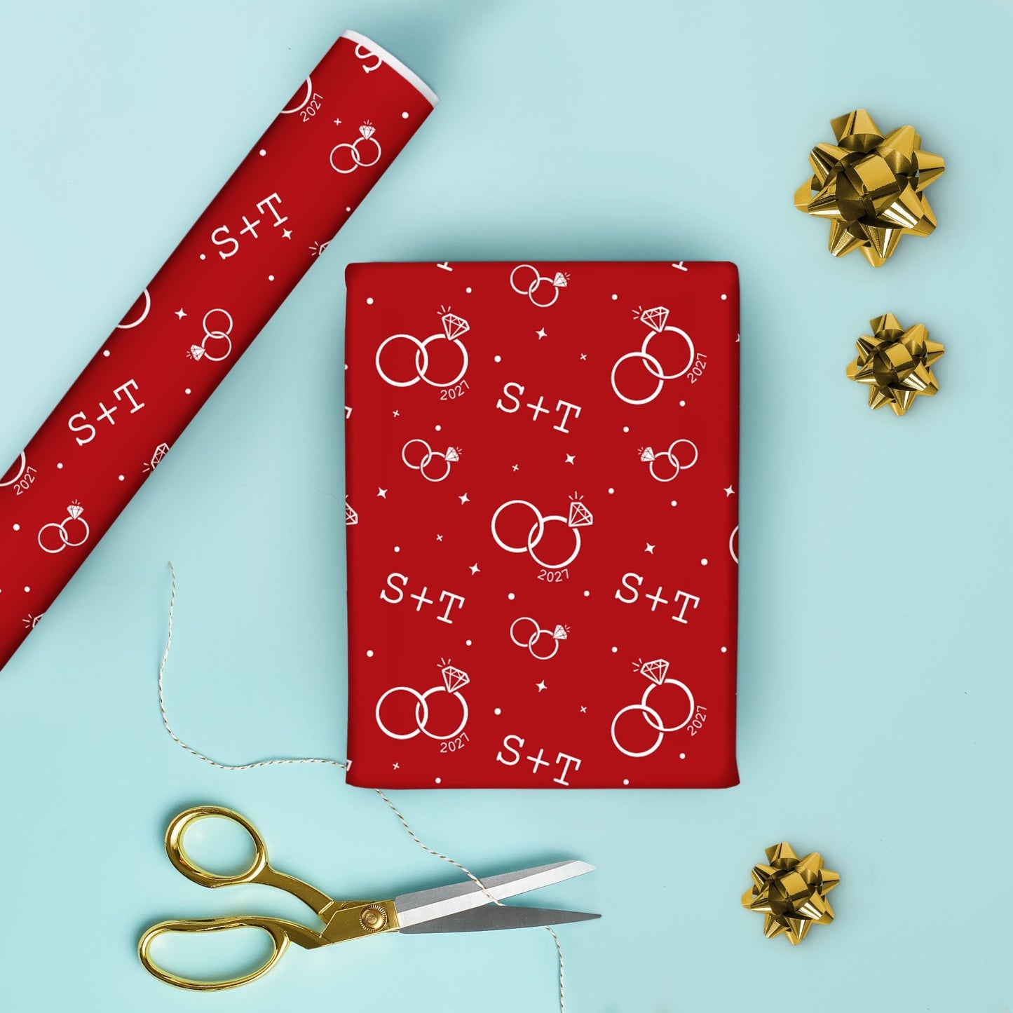 Custom Text Wrapping Paper - Cherry Red Wedding Rings