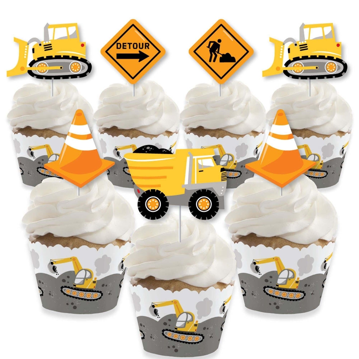 Dig It - Construction Party Zone - Cupcake Decoration - Baby Shower or Birthday Party Cupcake Wrappers and Treat Picks Kit - Set of 24