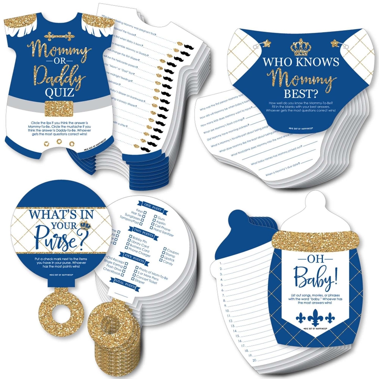 Royal Prince Charming - 4 Baby Shower Games - 10 Cards Each - Who Knows Mommy Best, Mommy or Daddy Quiz, What's in Your Purse and Oh Baby - Gamerific Bundle