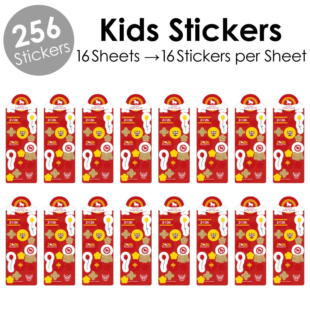 Chinese New Year - 2026 Year of the Horse Favor Kids Stickers - 16 Sheets - 256 Stickers