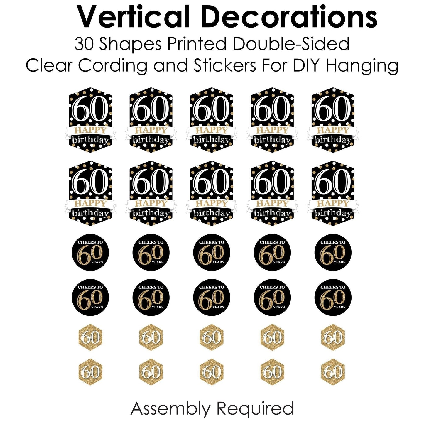Adult 60th Birthday - Gold - Birthday Party DIY Dangler Backdrop - Hanging Vertical Decorations - 30 Pieces