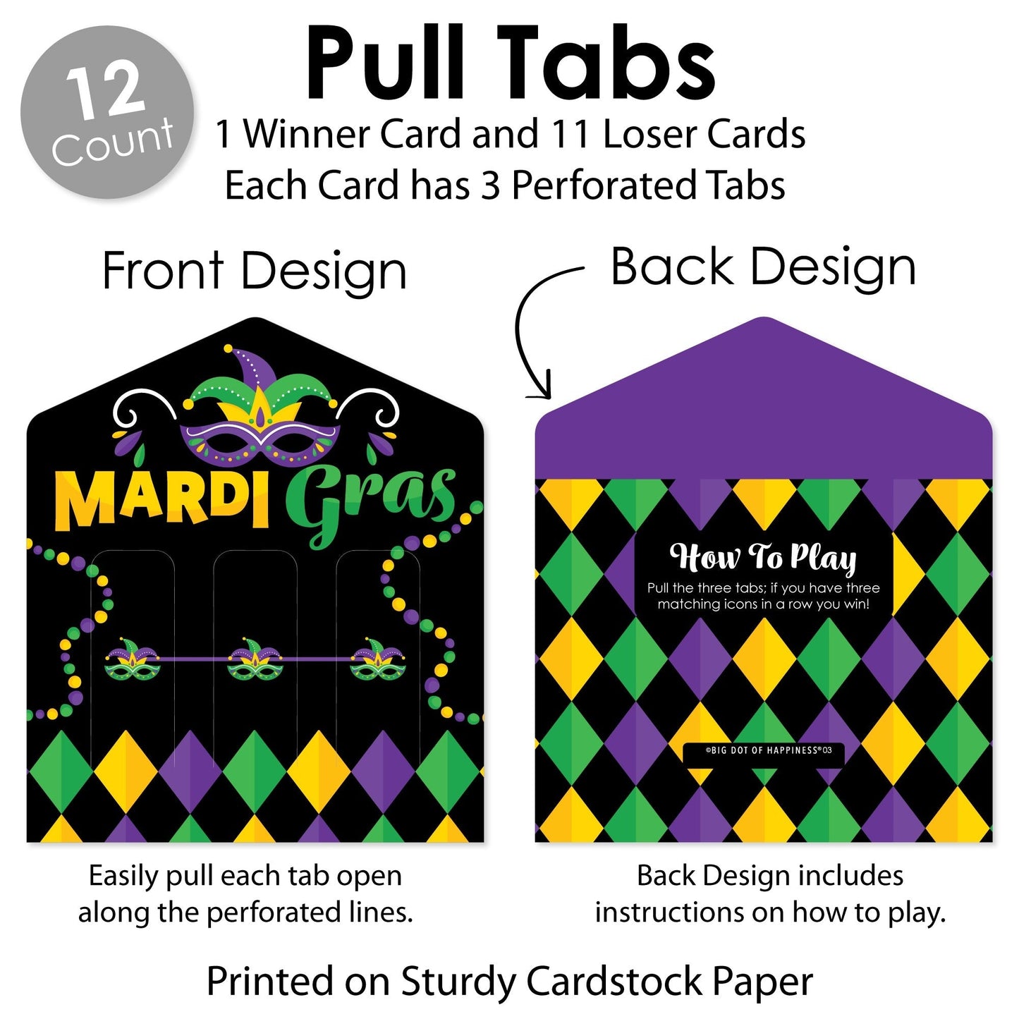 Colorful Mardi Gras Mask - Masquerade Party Game Pickle Cards - Pull Tabs 3-in-a-Row - Set of 12