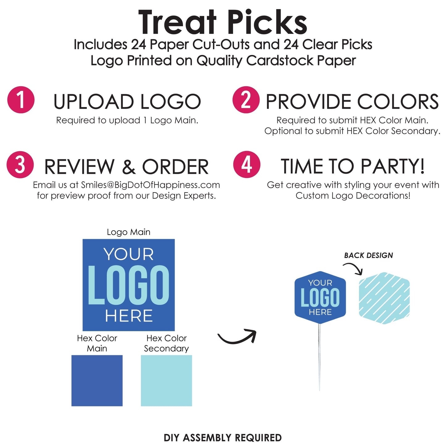 Custom Logo Treat Picks - Personalized Branded Business Party Dessert Cupcake Toppers - Set of 24