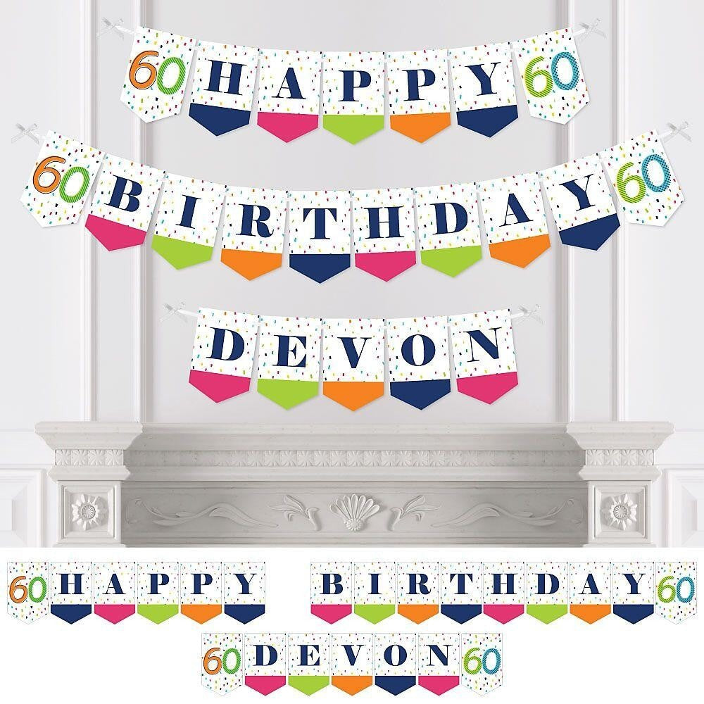 Personalized 60th Birthday - Cheerful Happy Birthday - Custom Colorful Sixtieth Birthday Party Bunting Banner and Decorations - Happy Birthday Custom Name Banner