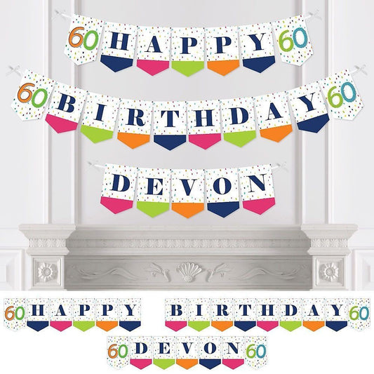 Personalized 60th Birthday - Cheerful Happy Birthday - Custom Colorful Sixtieth Birthday Party Bunting Banner and Decorations - Happy Birthday Custom Name Banner