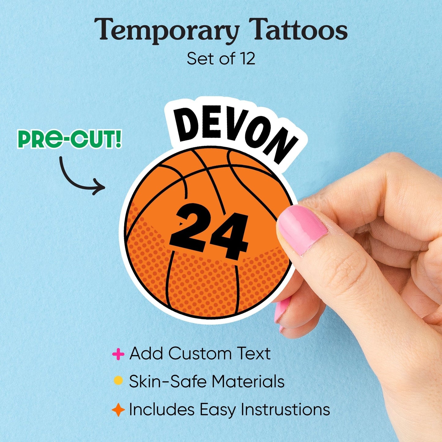Custom Text Basketball Temporary Tattoos - 12 Ct