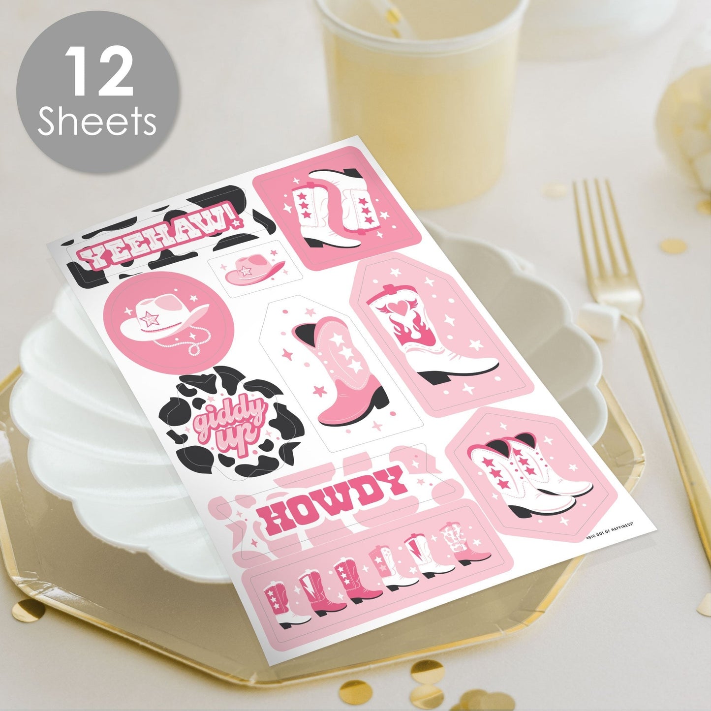 Rodeo Cowgirl - Pink Western Party Favor Sticker Set - 12 Sheets - 120 Stickers