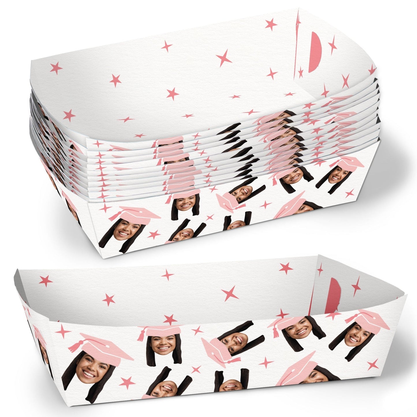 Custom Face Pink Graduation Paper Food Trays - 12 Ct