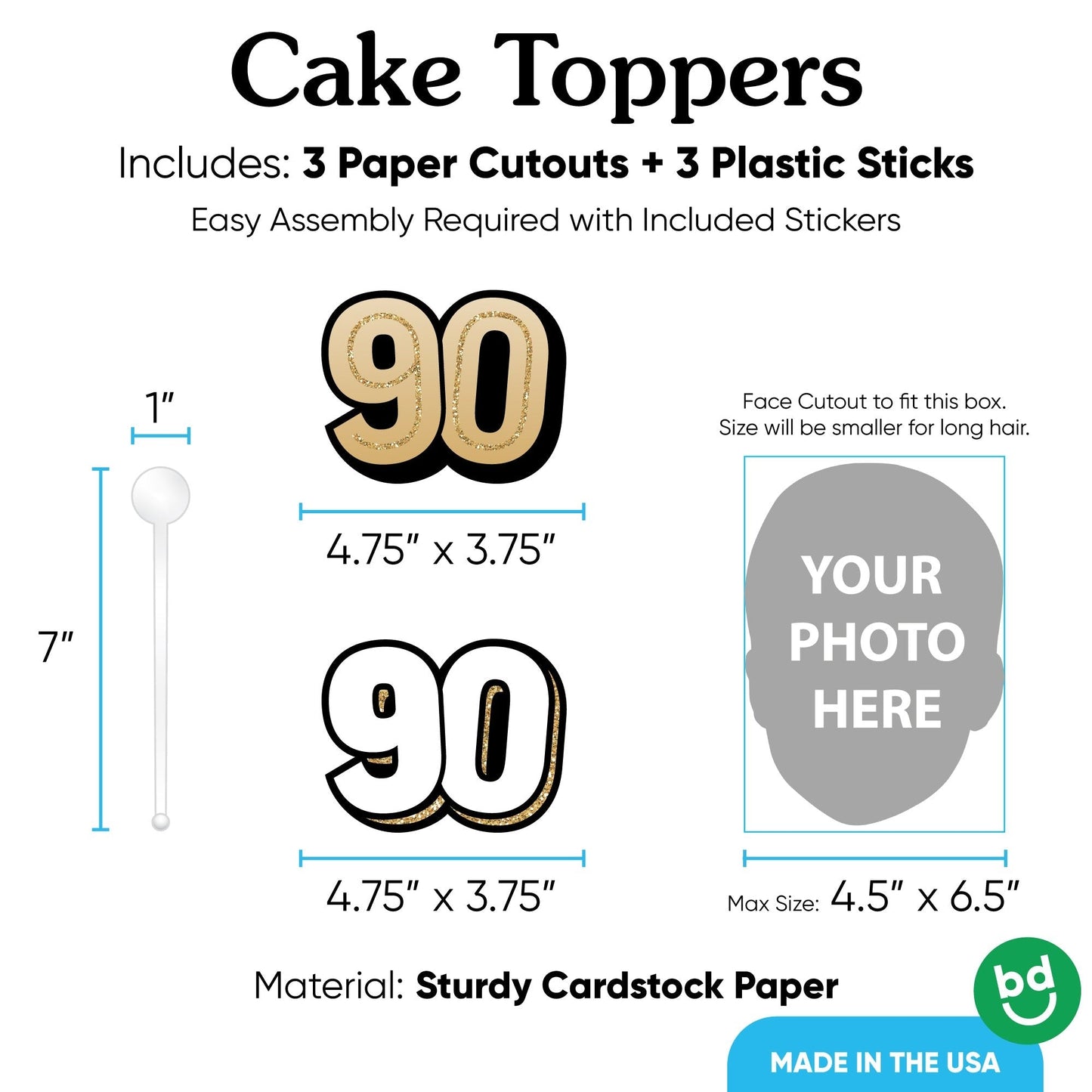 Custom Photo 90th Birthday Cake Topper - 3 Pc