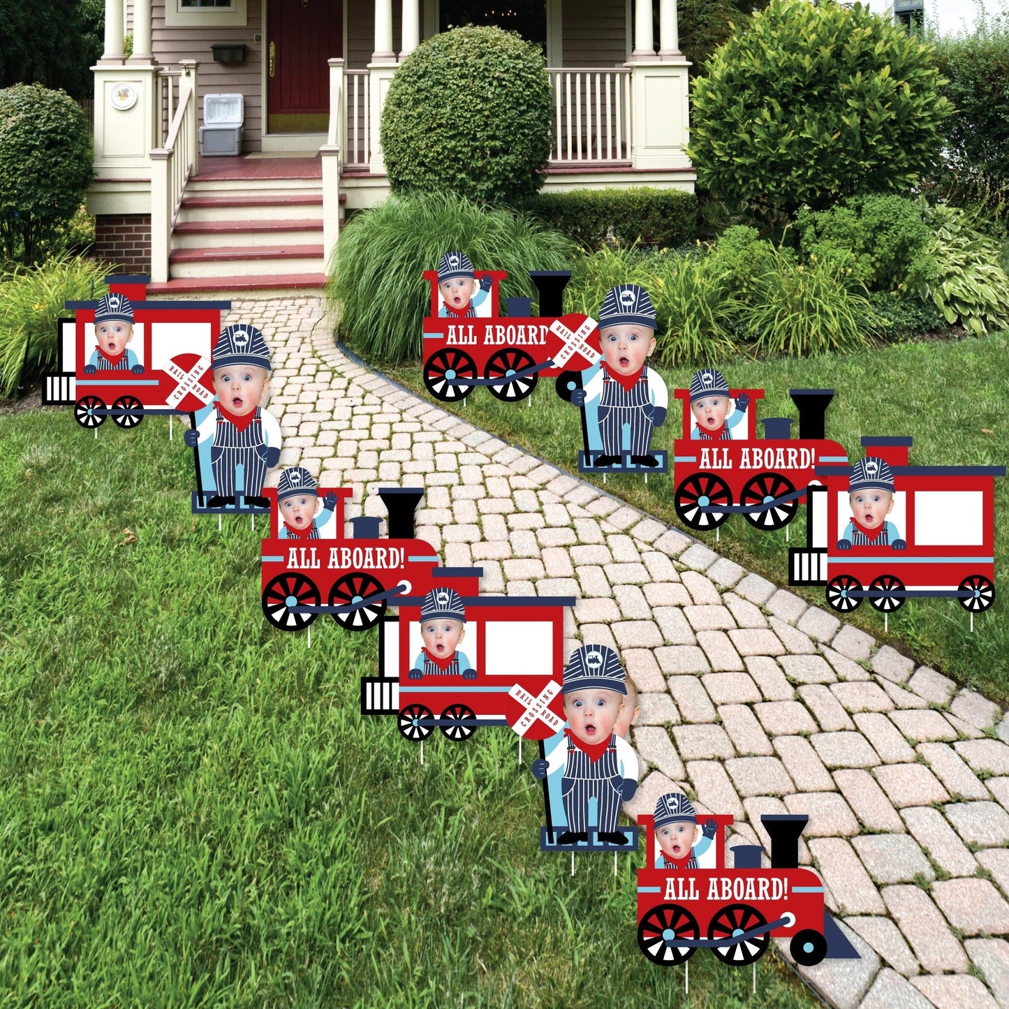 Custom Photo Railroad Party Crossing - Fun Face Lawn Decorations - Steam Train Birthday Party or Baby Shower Outdoor Yard Signs - 10 Piece