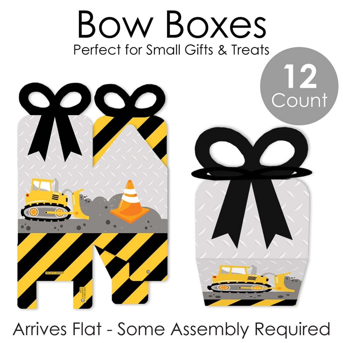 Dig It - Construction Party Zone - Square Favor Gift Boxes - Baby Shower or Birthday Party Bow Boxes - Set of 12