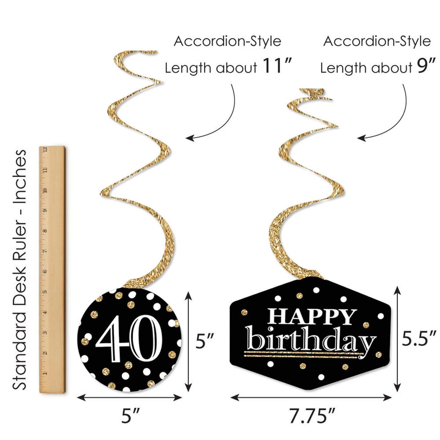 Adult 40th Birthday - Gold - Birthday Party Hanging Decor - Party Decoration Swirls - Set of 40