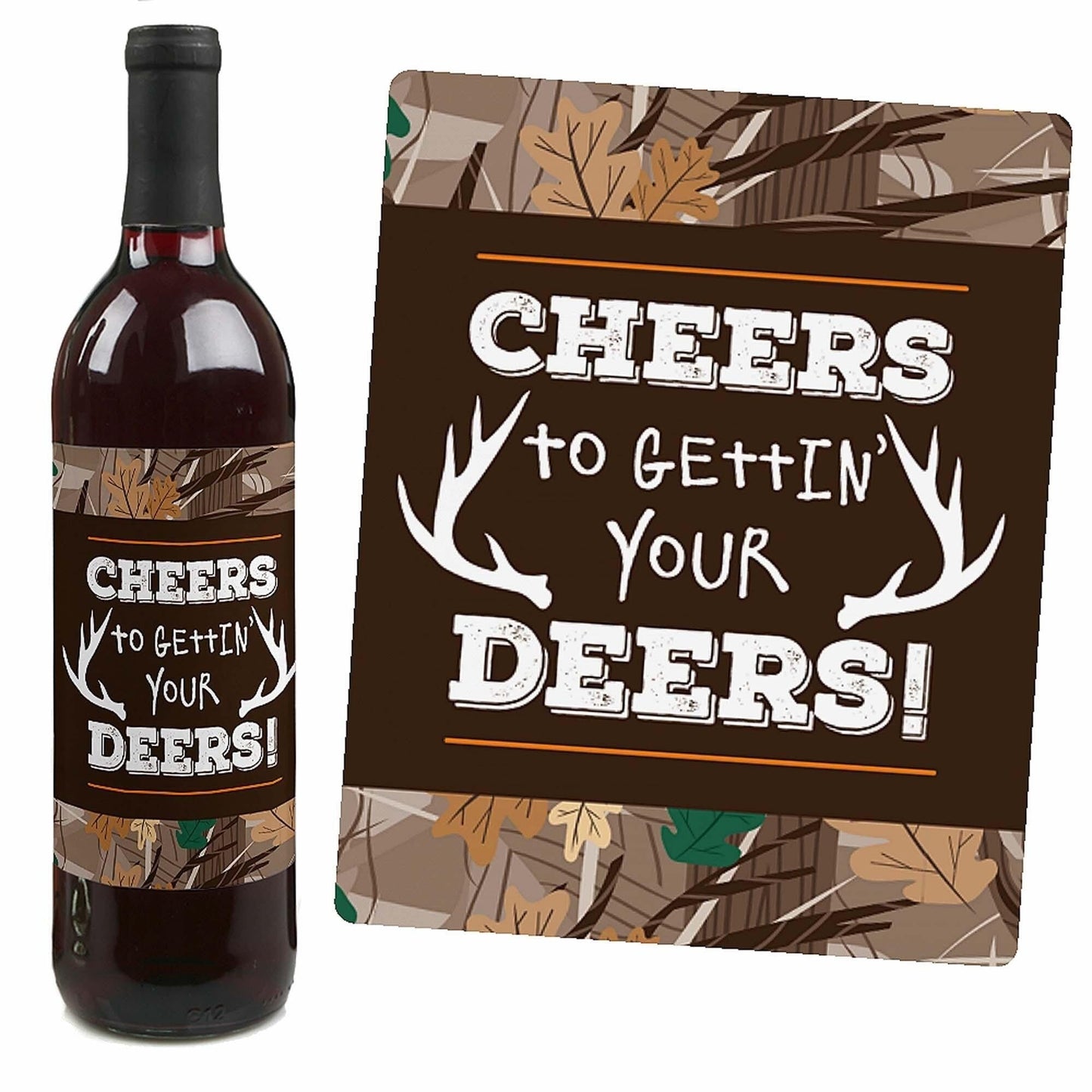 Gone Hunting - Deer Hunting Camo Baby Shower or Birthday Party Decorations for Women and Men - Wine Bottle Label Stickers - Set of 4