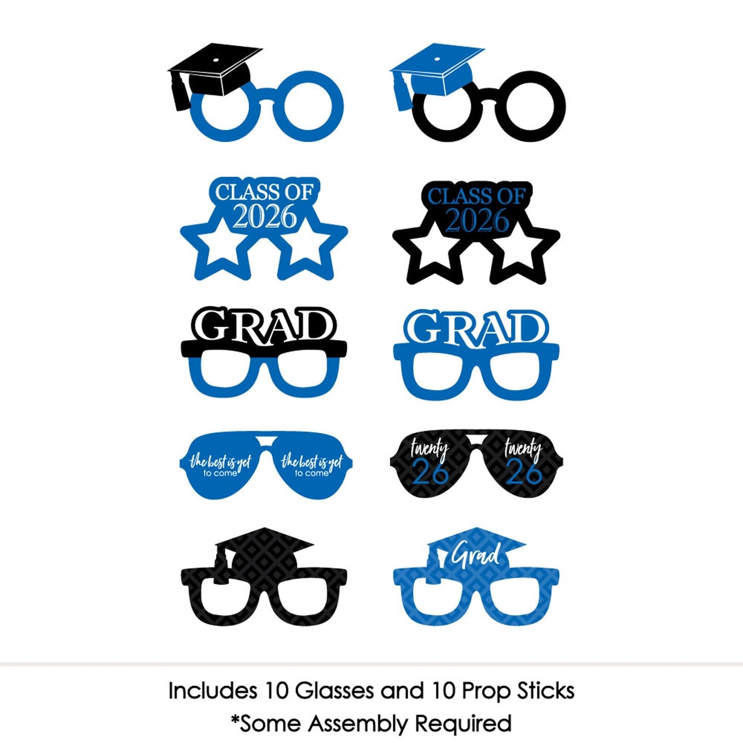 Blue Grad Glasses - Best is Yet to Come - Blue 2026 Paper Card Stock Graduation Party Photo Booth Props Kit - 10 Count