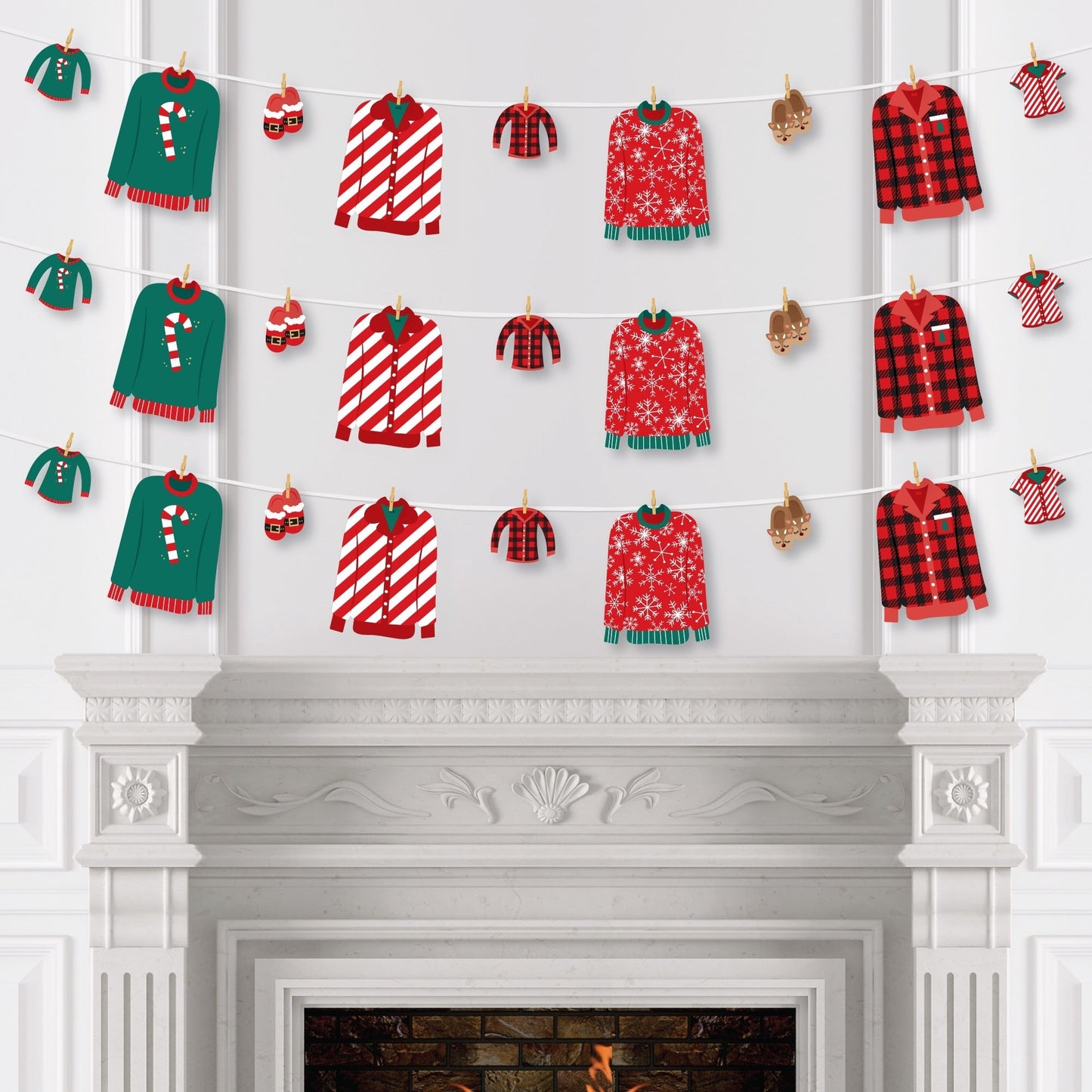 Christmas Pajamas - Holiday Plaid PJ Party DIY Decorations - Clothespin Garland Banner - 44 Pieces