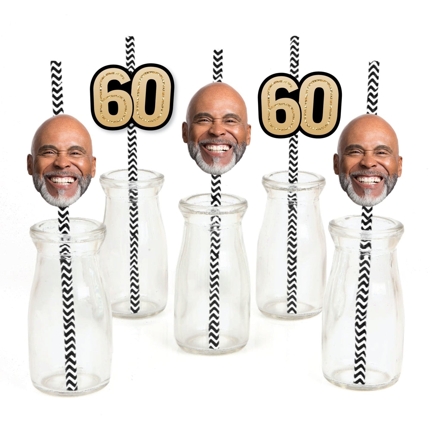 Custom 60th Birthday Face Cutout Straw Decor - 24 Ct