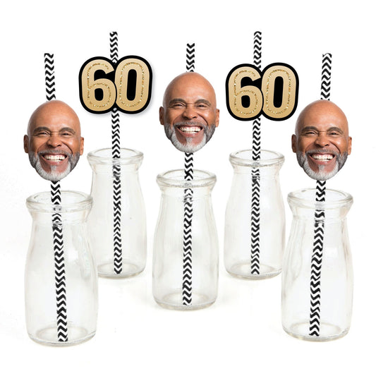 Custom 60th Birthday Face Cutout Straw Decor - 24 Ct