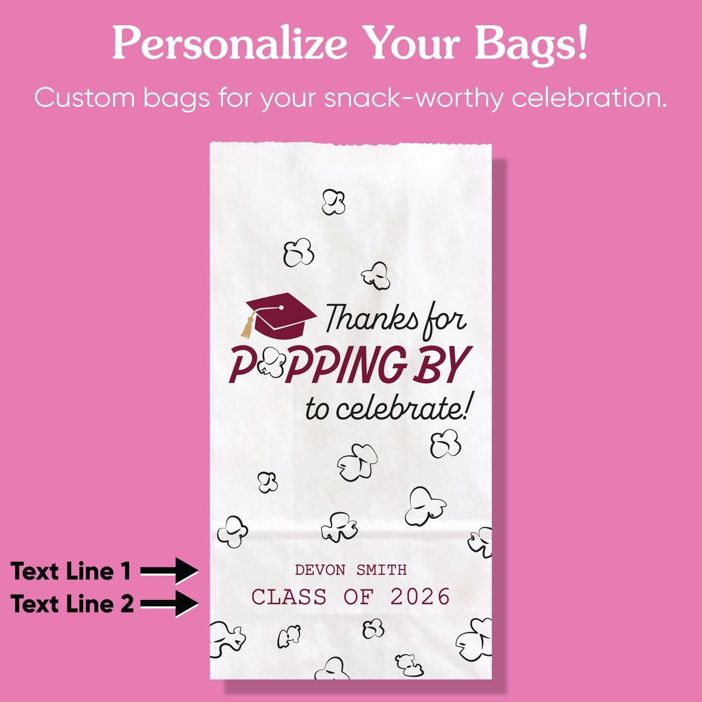 Custom Text Popcorn Bags - Maroon Grad - 100 Ct