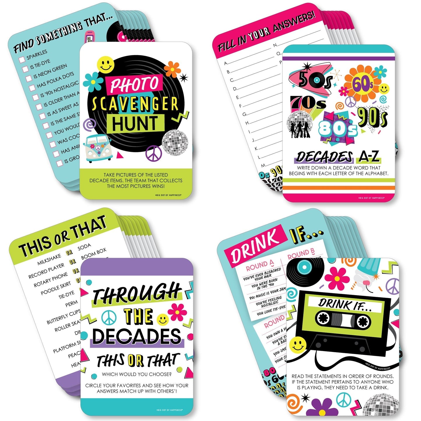 Through the Decades - 4 50s, 60s, 70s, 80s, and 90s Party Games - 10 Cards Each - Gamerific Bundle