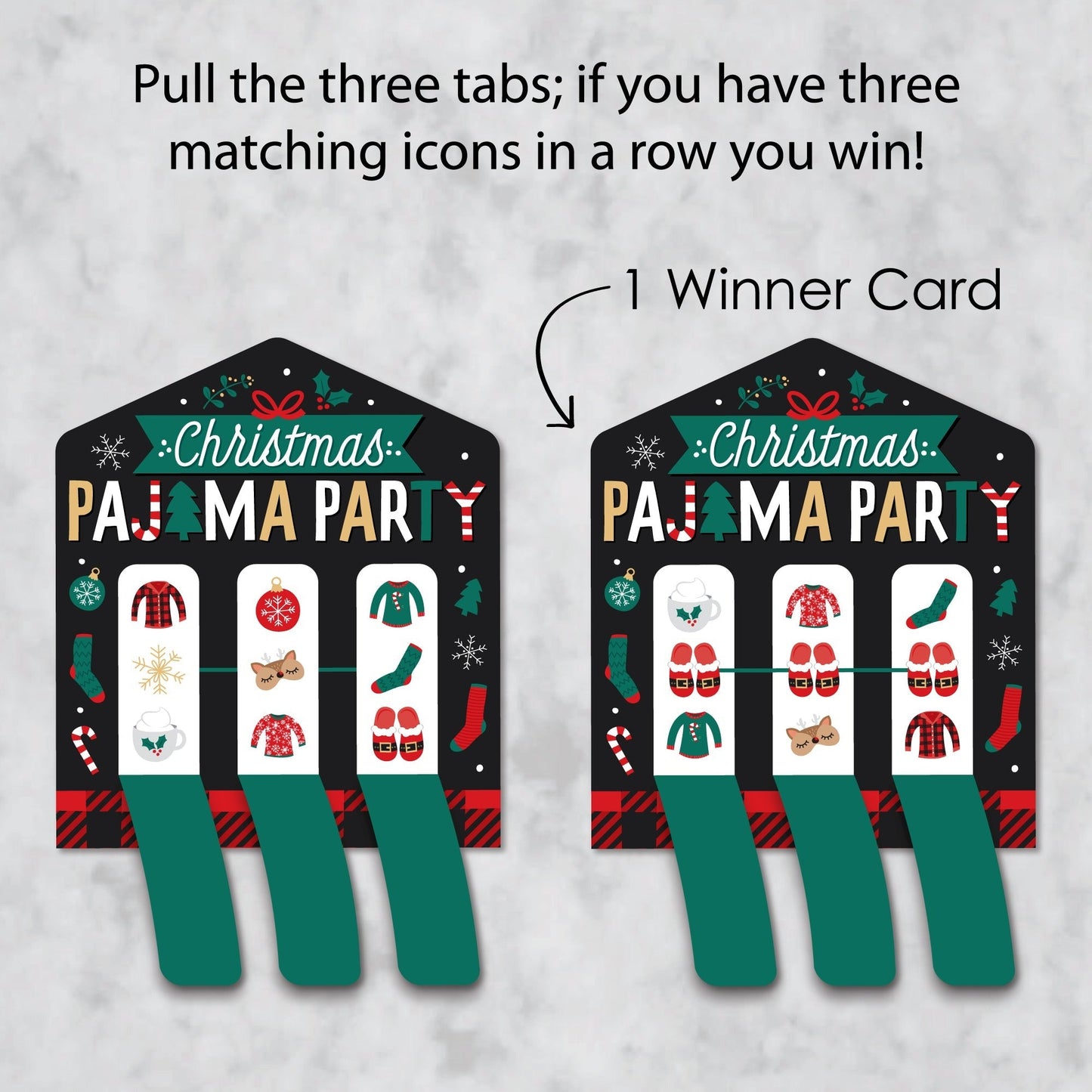 Christmas Pajamas - Holiday Plaid PJ Party Game Pickle Cards - Pull Tabs 3-in-a-Row - Set of 12