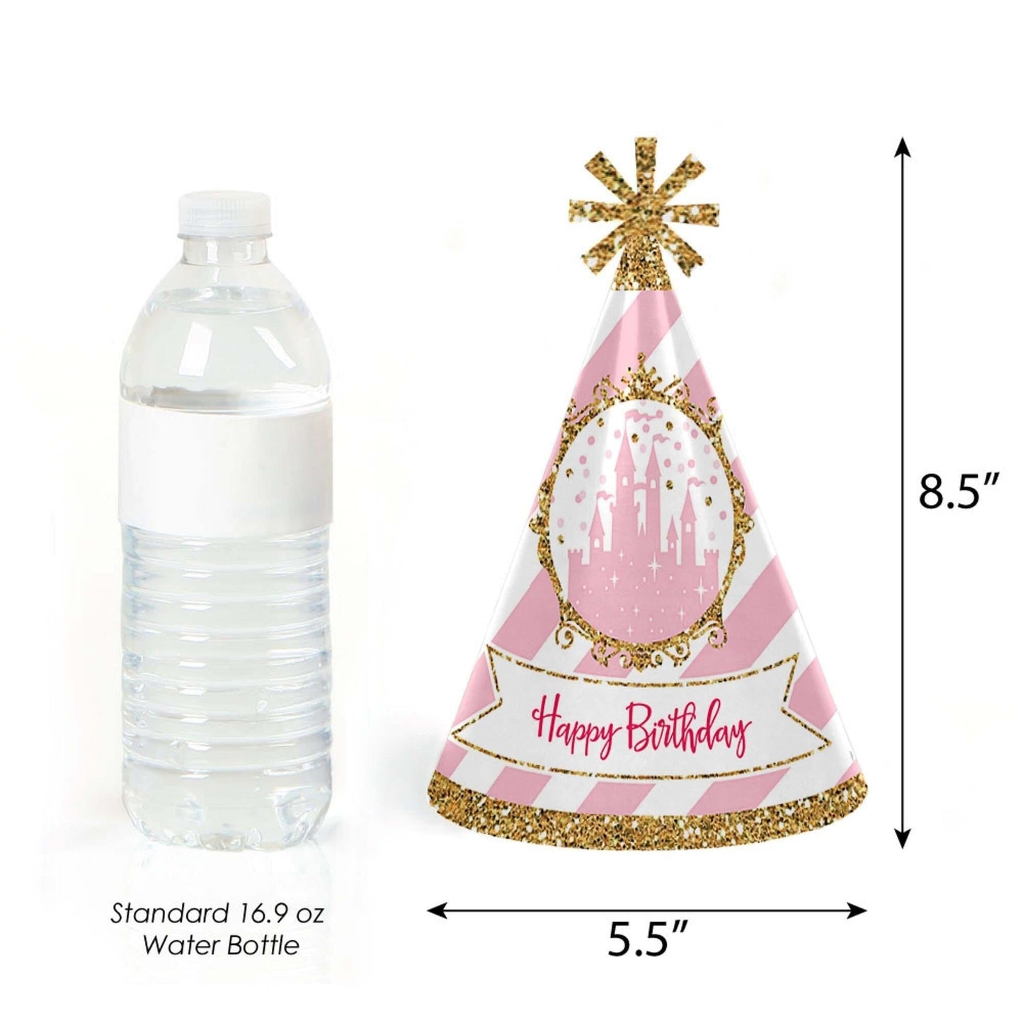 Little Princess Crown - Cone Pink and Gold Princess Happy Birthday Party Hats for Kids and Adults - Set of 8 (Standard Size)